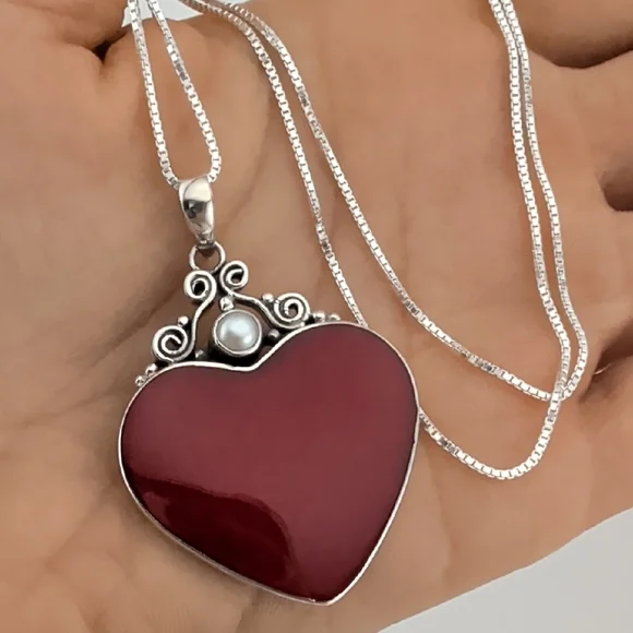Sterling Silver Heart Pendant Necklace with Red Center - Picture 6 of 6